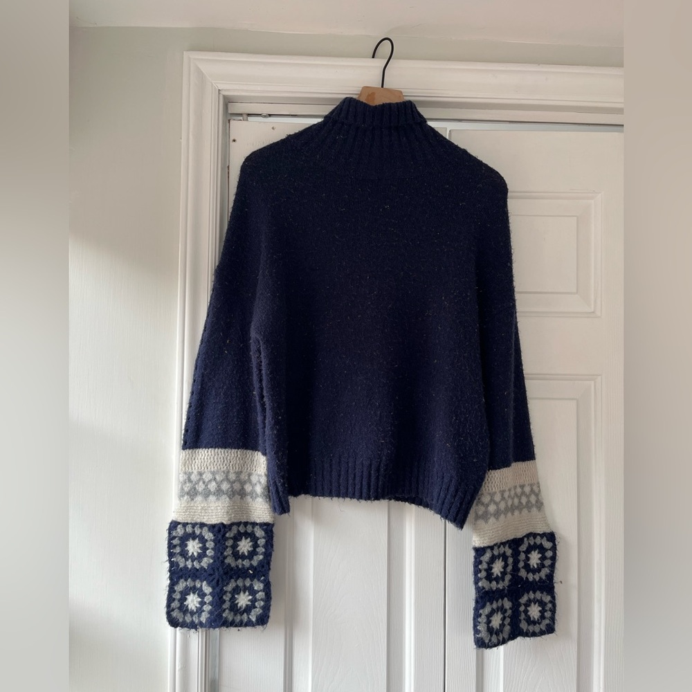 En Crème Navy Turtleneck Sweater with Crocheted Sleeves